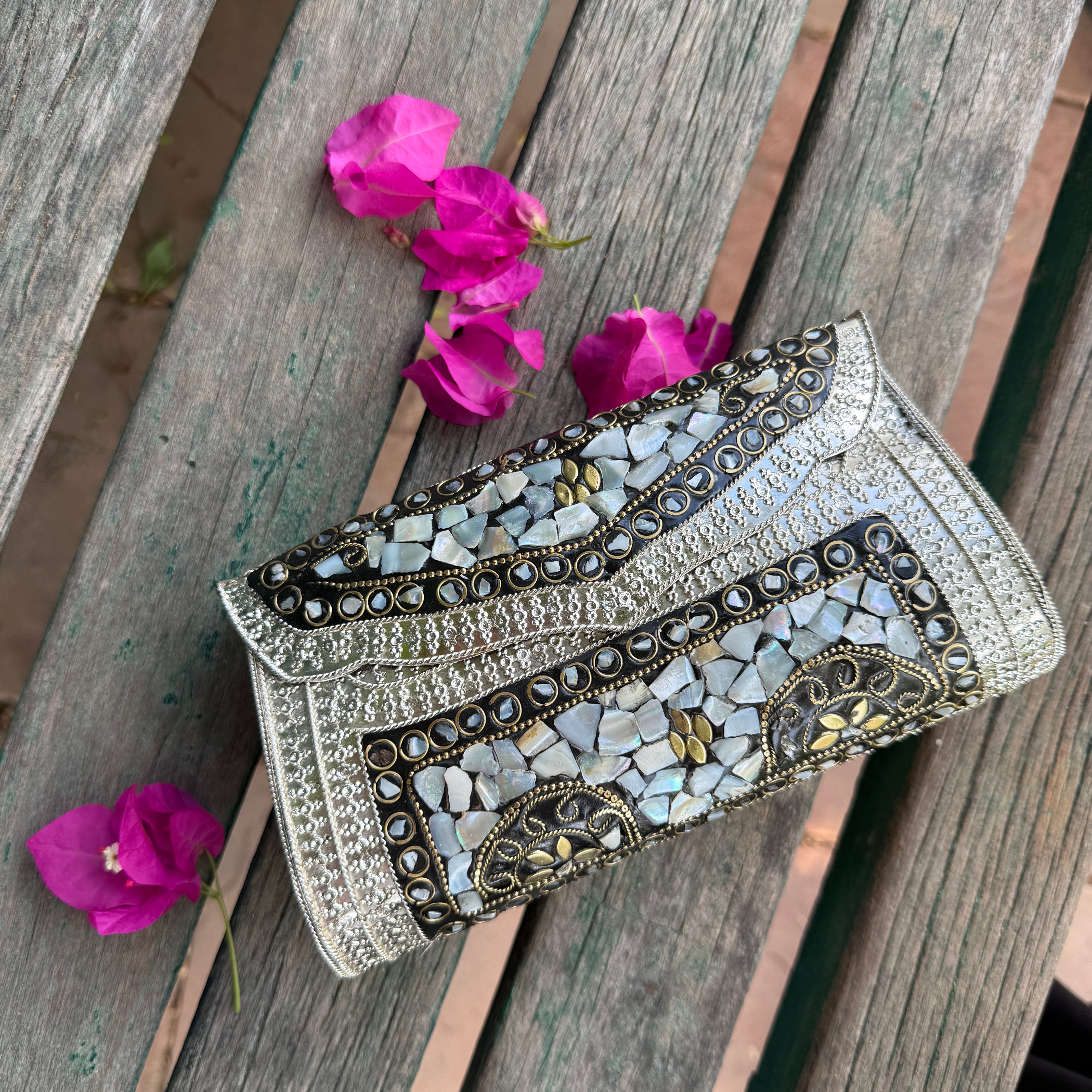 VINTAGE METAL & MOSAIC STONE CLUTCH / SLING BAG